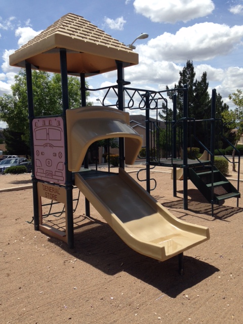 Play structure with a slide, climbing rails and a covered platform.